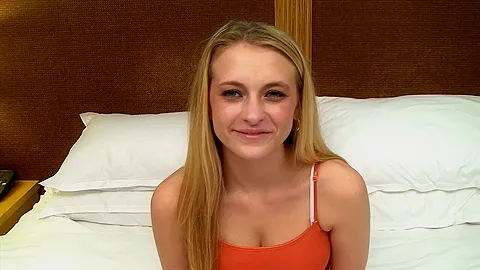 Watch this nervous blonde 18 yr old star in her first fuck video