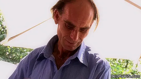Old Husband Watching Stranger Pleasing His Wife