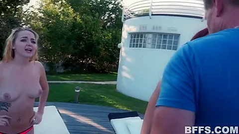 Three Horny Sluts And One Guy Next To The Pool