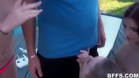 Three Horny Sluts And One Guy Next To The Pool