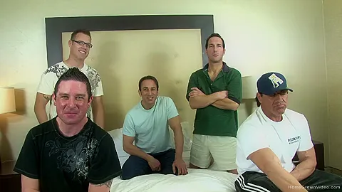 Horny amateur brunette takes on five men at once