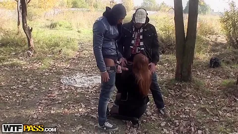 Pick uped appetizing girl with big natural boobs fucking with two pick upers
