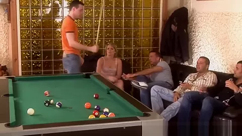 Amateur european gangbang on a pool table