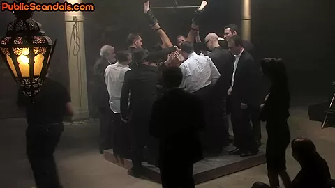 Public BDSM slut throat and pussyfucked for perv voyeurs