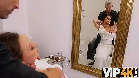 VIP4K. Hairdresser seduces sexy bride in the wedding dress for a quick fuck