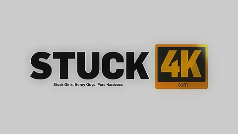 STUCK4K. Guy's meaty boner dives into brunette roommate's shaved pussy