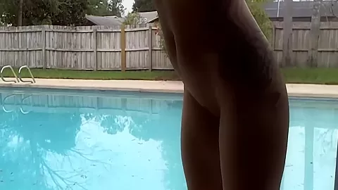 Pig-tailed Brunette Cleo Skates Fully Naked Around The Pool! 5 Min
