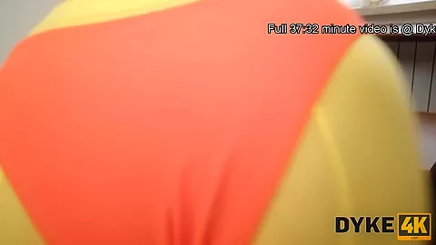 DYKE4K. Pretty chicks in colorful stockings play with each other pussies