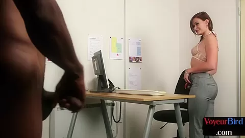 Office voyeur babe teases black cock man till cumshot