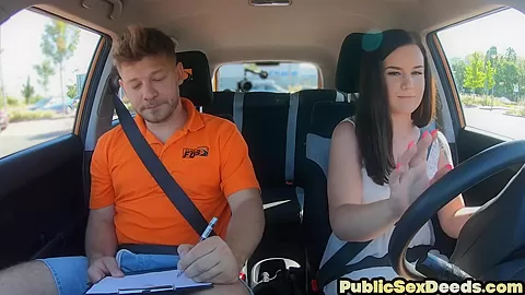 Outdoor driving babe with tattoos public banged in car