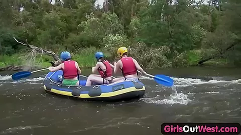 Hairy amateur girl fingered in rafting threesome