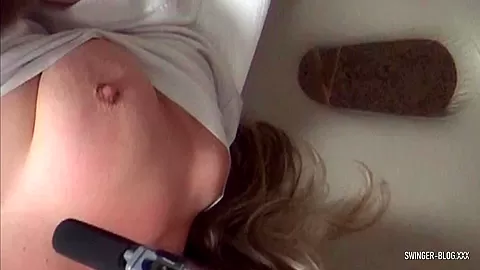 Blonde housewife blowing hubby while being fucked by a friend