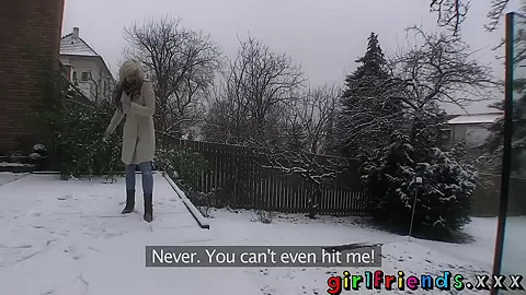 Girlfriends play in snow before warming up with hot sex