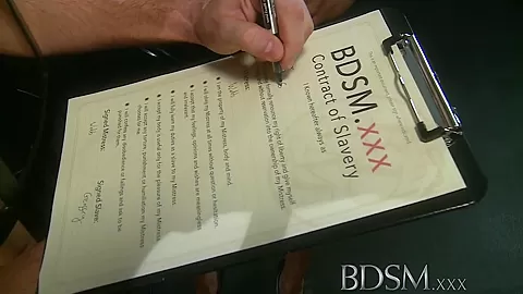 BDSM XXX Caged sub signs his body mind to mistress