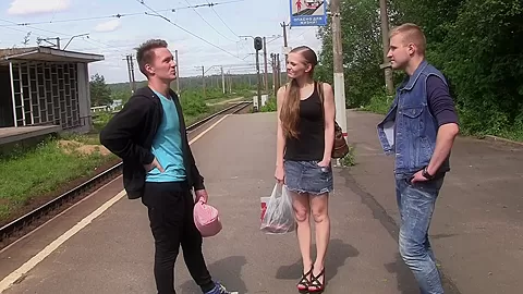 Ginger in outdoor sex vid shows ginger in a hot threesome porn