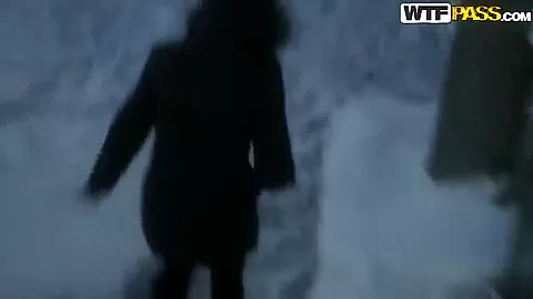 Vera is sucking dude's cock at the snowy park