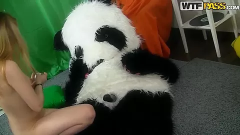 Young blonde Kris gets panda's dick in her mouth and pussy