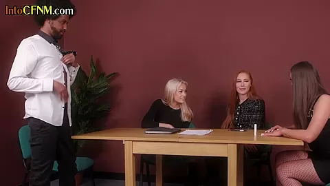 IR CFNM British femdoms jerk cock in group HJ action