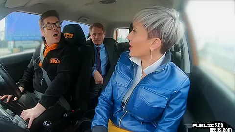 Busty tattooed lingerie MILF rides boss outdoor in car