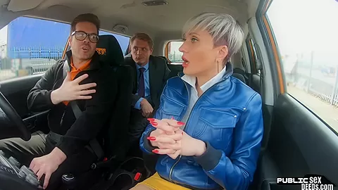 Busty tattooed lingerie MILF rides boss outdoor in car