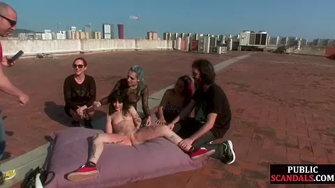 Submissive piercing and tattoos teen 18+ outdoor toyed by group