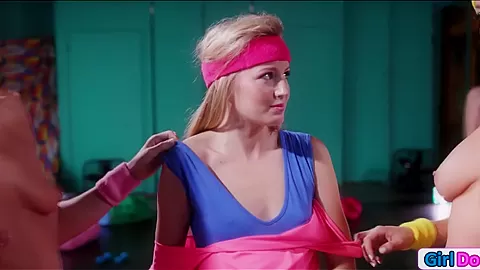 Petite blonde gets dominated by fitness babes to lick pussy