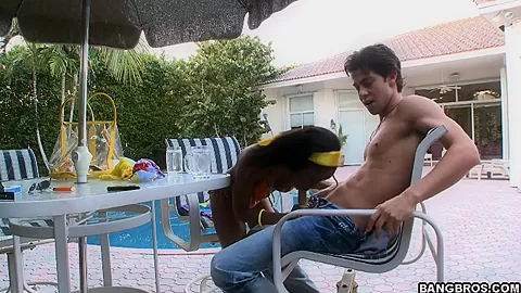 Sexy black babe Desiree in desires sucking dick outdoors