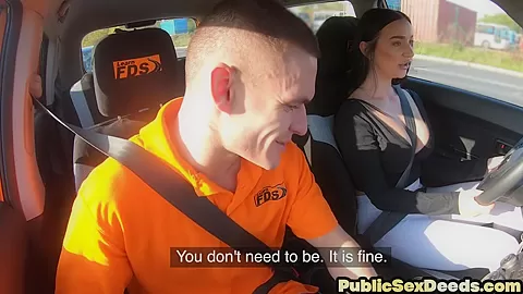 Busty driving student spreads legs for her instructor
