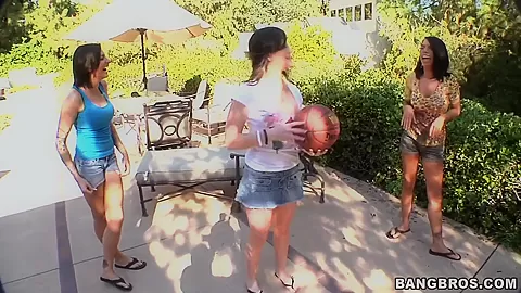 Three sexy girls play basketball in her backyard