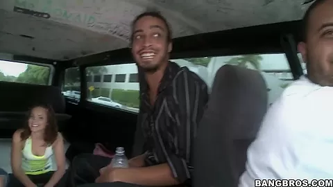 Youthful Jessica riding in bang bus with latinos