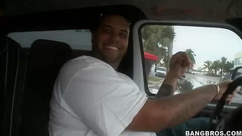 Youthful Jessica riding in bang bus with latinos