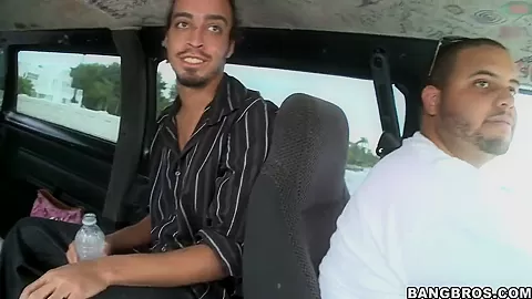 Youthful Jessica riding in bang bus with latinos