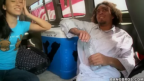 Cute brunette Nina Lee gets in the back of the van