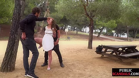 BDSM whipped teen 18+ deepthroats big cocks outdoor in public