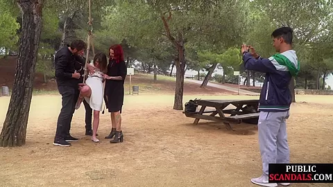 BDSM whipped teen 18+ deepthroats big cocks outdoor in public