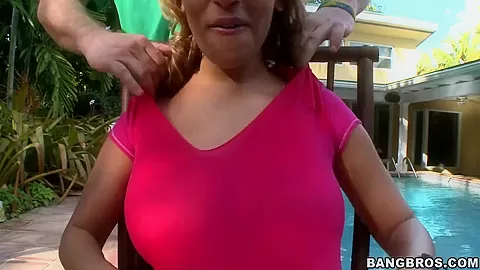 Sexy blonde Jazmyn shows off her fabulous titties.