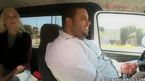 Beautiful blonde Julie J gets in bang bus for ride