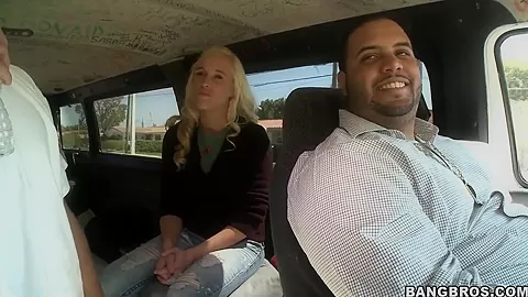 Beautiful blonde Julie J gets in bang bus for ride