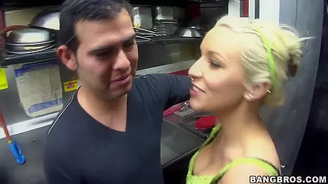 Let's hide in the kitchen for a sweet blowjob by naughty babe