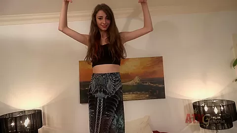 Sweet teen strips off and rubs her cunt