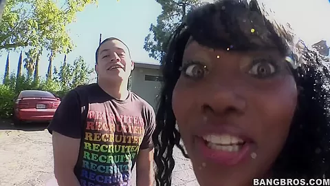 Hot black chick sucks on a white cock
