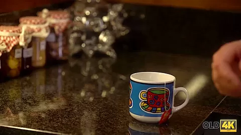 OLD4K. Passionate old and young scene in morning after a cup of tea
