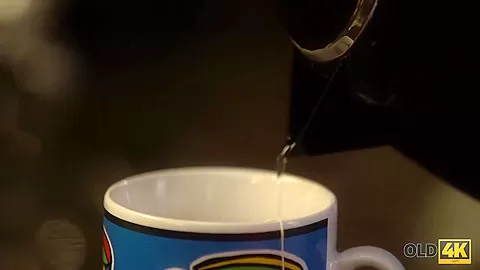 OLD4K. Passionate old and young scene in morning after a cup of tea