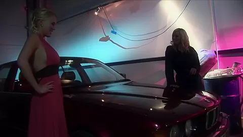 Gorgeous blonde MILFs have sex on car