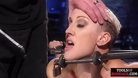 BDSM MILF mouth and pussyfucked with dildo stick by master