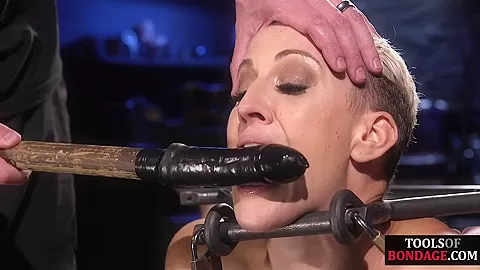 BDSM MILF mouth and pussyfucked with dildo stick by master