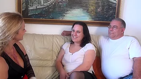 Horny milfs get a hard fuck in turns after gagging on a monster cock