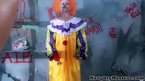 Tattooed deepthroating babe fucked by a clown