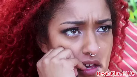 Ebony redhead cockriding outdoors