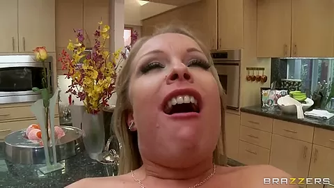 Nice blonde bitch with shaved pussy does deep throat blowjob
